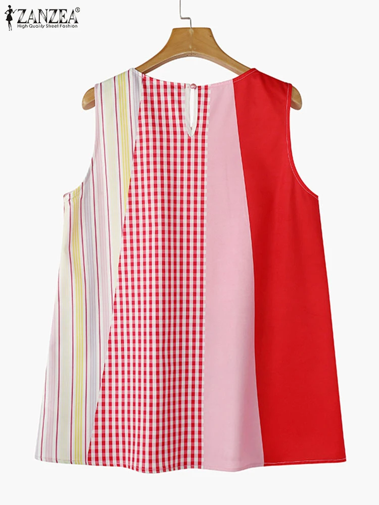 ZANZEA Sweety Streetwear Camis Women Sleeveless Tops Korean Fashion 2024 Stripe Colorblock Tanks Casual Round Neck Simple Tees