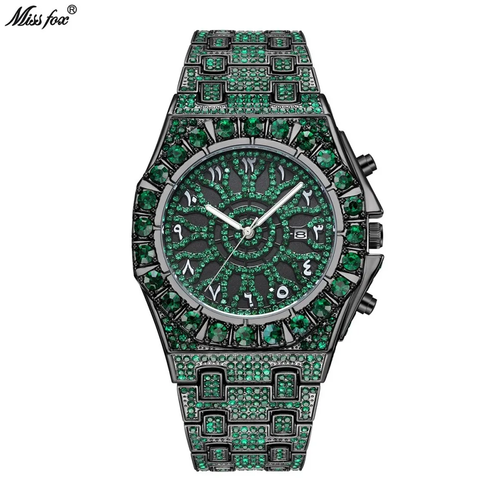 Missfox Iced Green Crystal Rhinestone Men Quartz Watch Alloy Strap Arabic Dial Date Hip Hop Luxury Bling Male Wristwatch Hot Sale