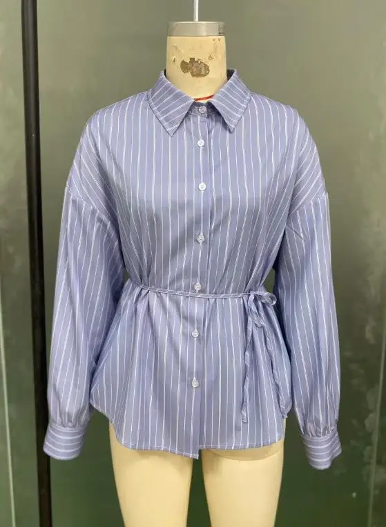 

Woman Blouse 2025 Spring Autumn New Temperament Striped Long Sleeved Shirt Turn-Down Collar Lace Up Casual Daily Shirt