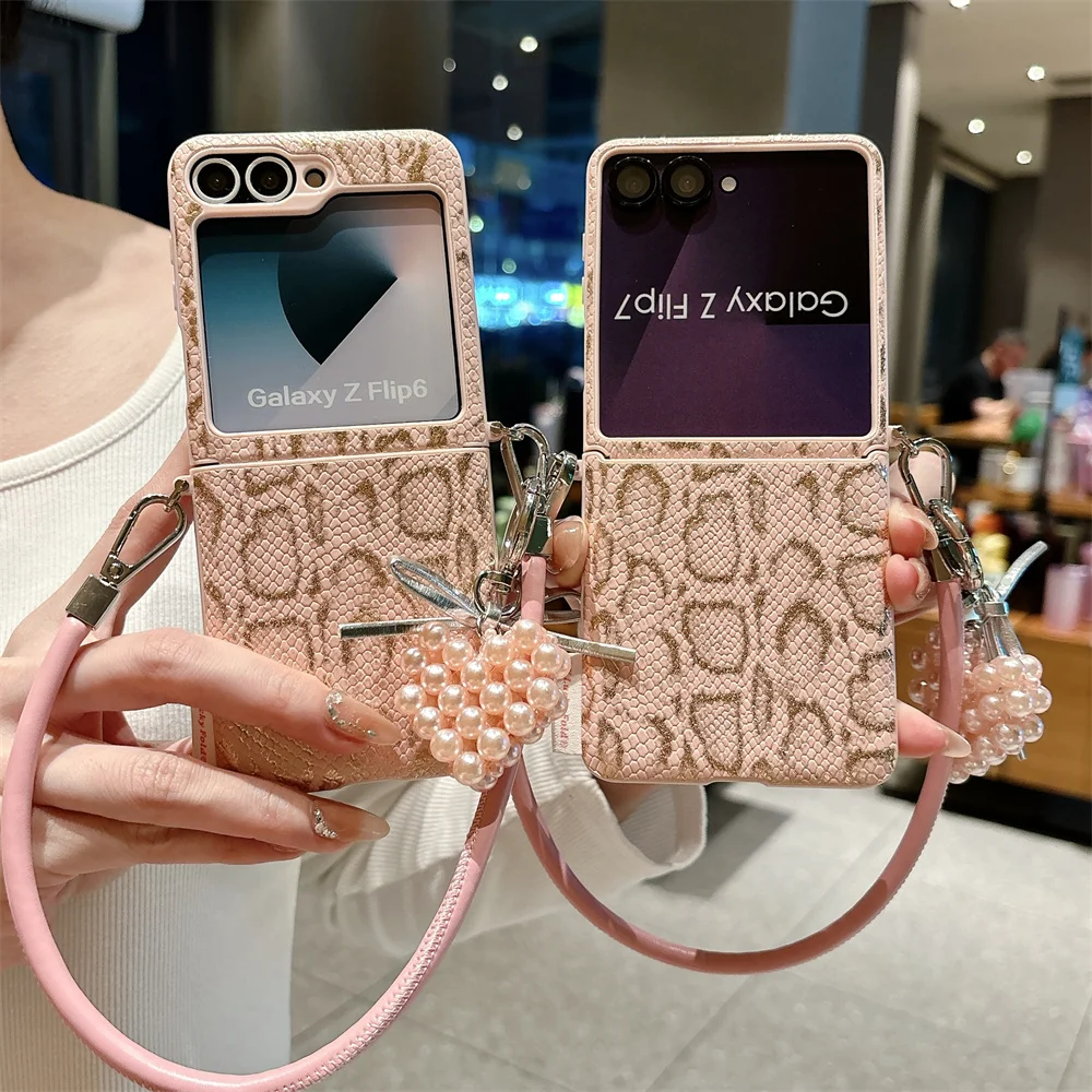 Lanyard Snake Pattern PU Leather Phone Case for Samsung Galaxy Flip 7/6/5 Wrist Strap & Hinge Protetion Cover