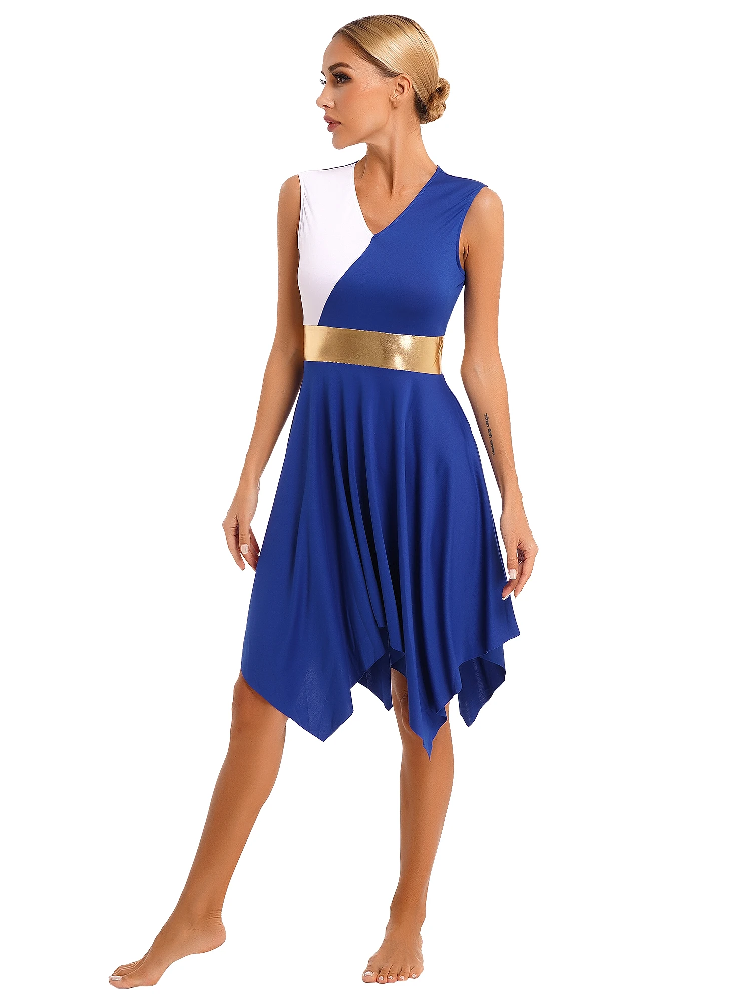 Robe de danse lyrique pour femmes adultes, sans manches, couleur bloc, tenue de bal, Costume de compétition