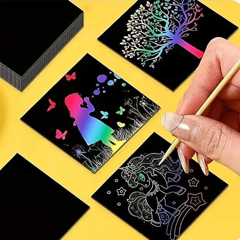50 PCS/Set with 5 Bamboo Sticks Magic DIY Scratch Paper - Rainbow Art Scratch Draw Set Suitable for Boys Girls as Birthday Gifts