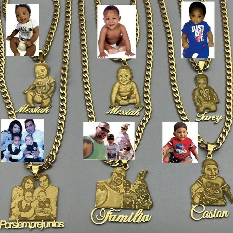 Customized Engraved Photo Necklace Stainless Steel Gold Adjustable Cuban Chain Personalized Pendant With Text Customize Gift