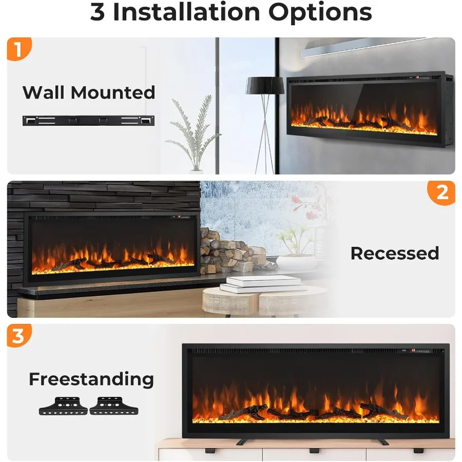 مدفأة كهربائية مقاس 50 بوصة بتصميم مريح ومثبت على الحائط مع لهب سجل قابل للتعديل ومؤقت 8 ساعات وجهاز تحكم عن بعد ومستقبل حراري مزدوج #5