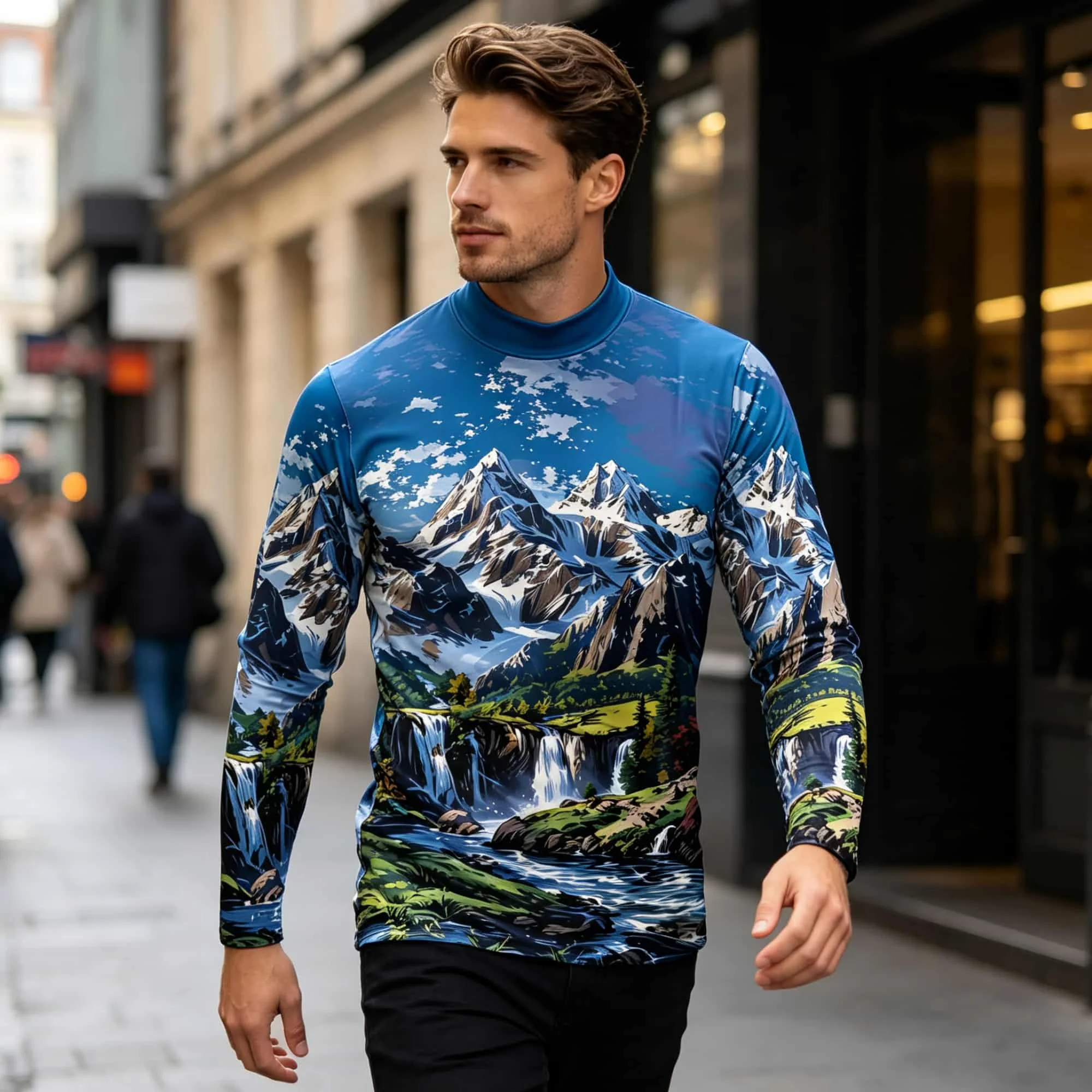 Men Wilderness Adventure Long Sleeve Shirt Mountain Waterfall Forest Pattern Mock Neck Pullover Travel Daily Outfit