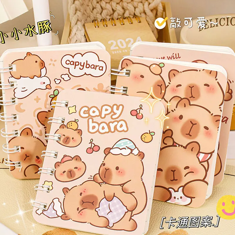 4pcs Capybara cartoon horizontal line notebook cute mini portable pocket coil book