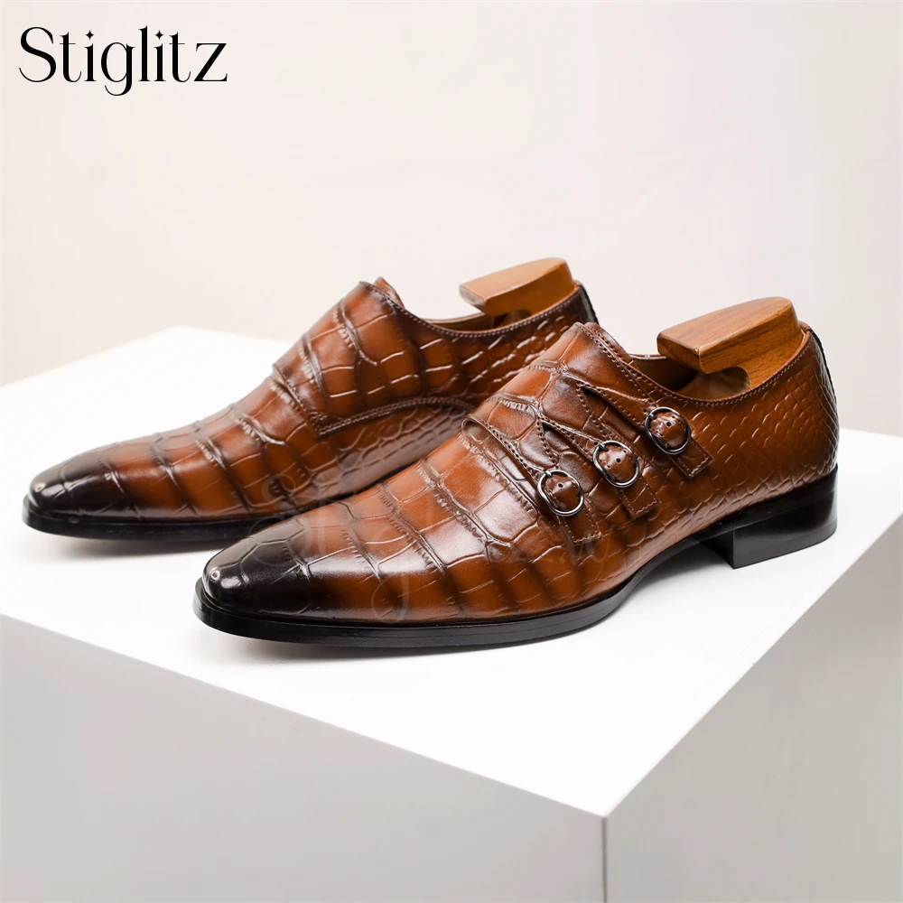 Luxury Crocodile Leather Monk Shoes Couture Banquet Leather Shoes for Men Rare Brown Grey Black Leather Dress Shoes for Banquet