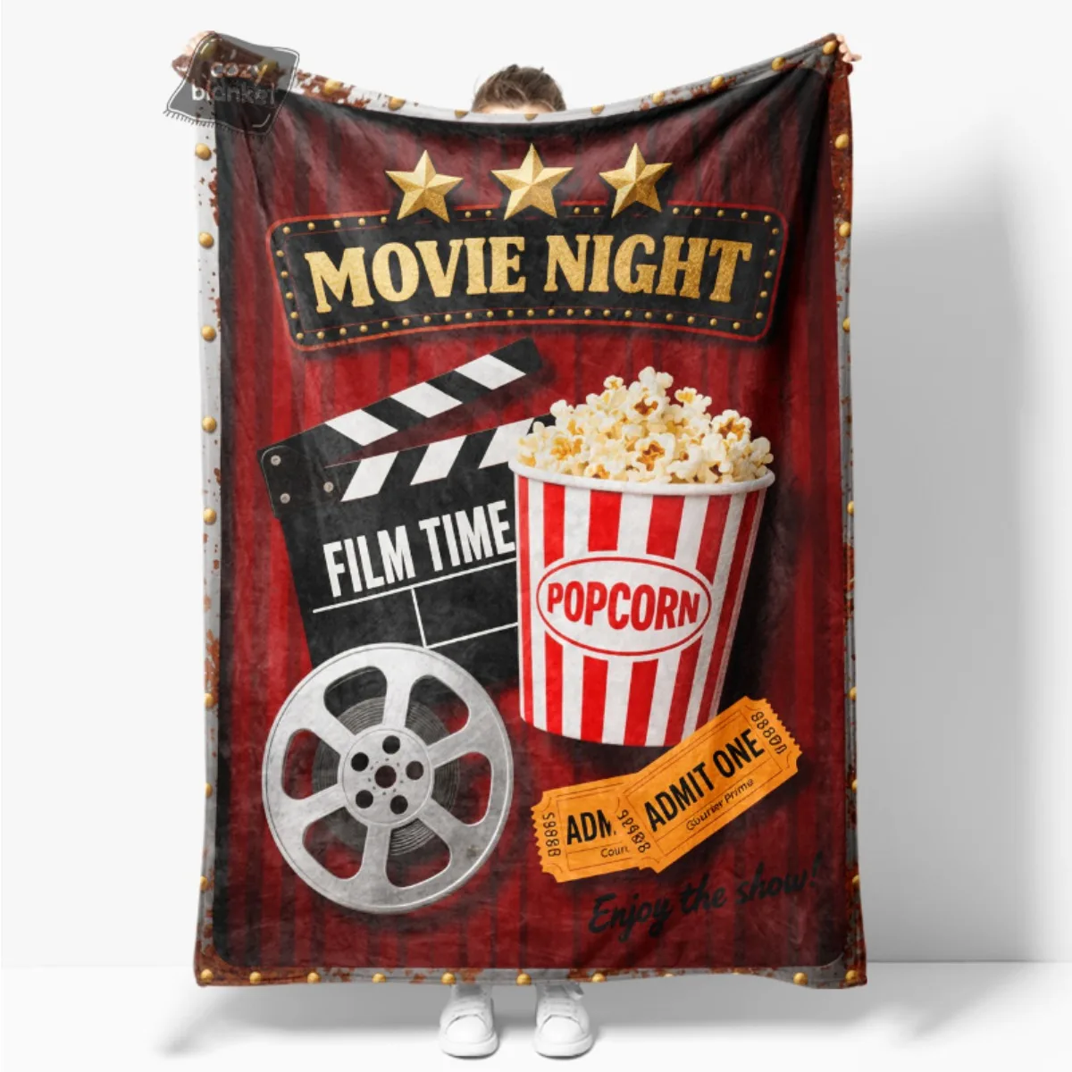 Retro Cinema Movie Night Blanket Classic Popcorn Film Ticket Film Slate Flannel Throw Blanket  Perfect Gift for Movie Fans