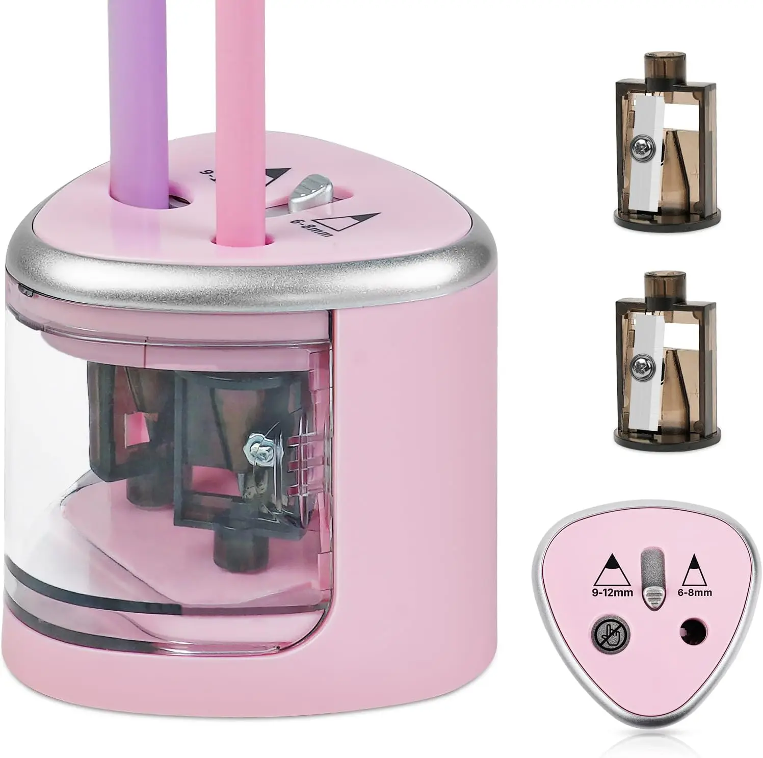 Electric Pencil Sharpener with Double Hole, Battery Operated Automatic Sharpener with 2 Extra Knife Holders, for 6-8mm/9-12mm