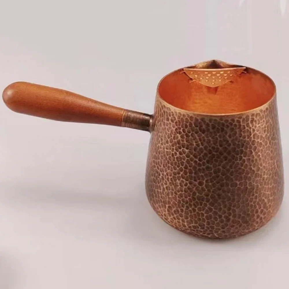 Vintage Hand-Rinsed Pure Copper Coffee Pot,Handcrafted Engraving Hammer Texture 700ml Boil Tea Teaware,Wooden Handle Teapot 5