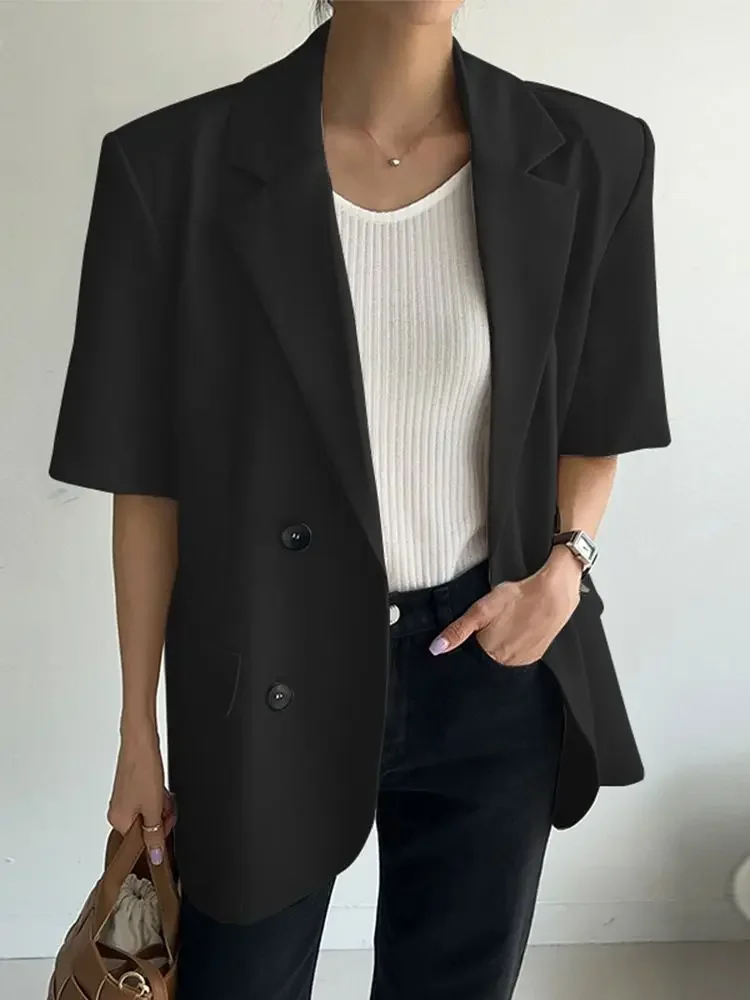 Balzer Women Fashion Solid Color Jacket Office Lady Blazer Lapel Collar Short Sleeve Suits Casual Loose Fake Pocket Outerwear