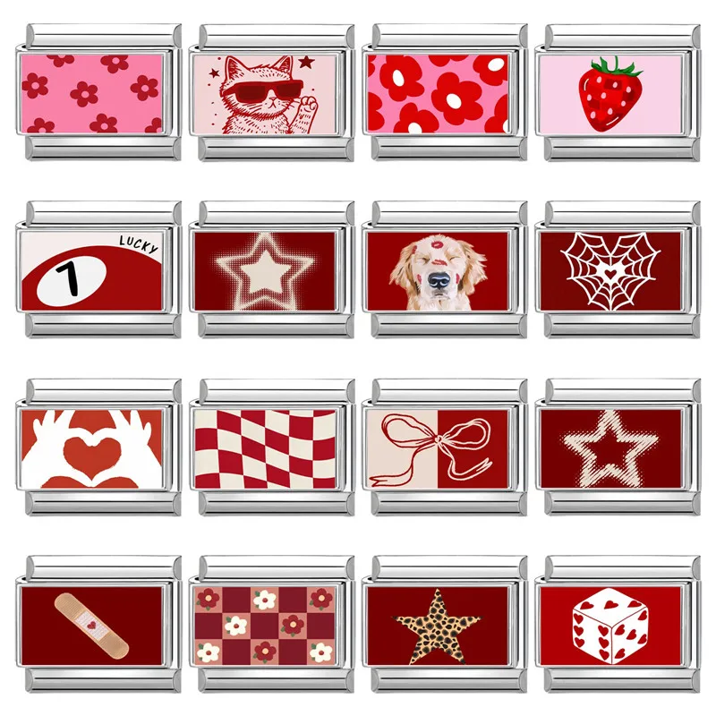 جديد أحمر وردي القلب الكلب القط الزهور الإيطالية سحر ربط صالح 9 مللي متر مجوهرات من صلب لا يصدأ DIY بها بنفسك صنع الأساور للهدايا #3