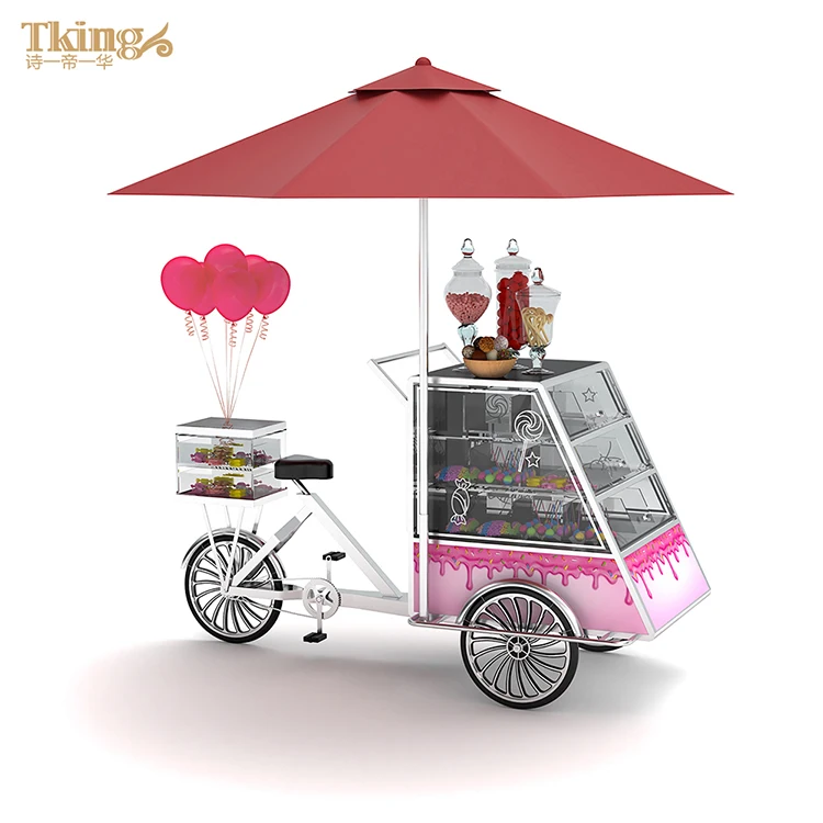 

New Design Outdoor Candy Snack Bicycle Acrylic Cabinet Stainless Steel Mobile Food Display Cart