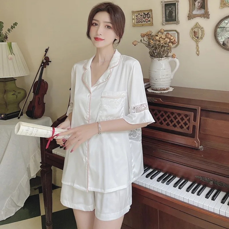 

White Lace Chic Women Pajamas Set Spring Summer 2 Piece Pyjama Satin Silk Sleepwear Shortsleeve Top Shorts Pijama Pjs Loungewear