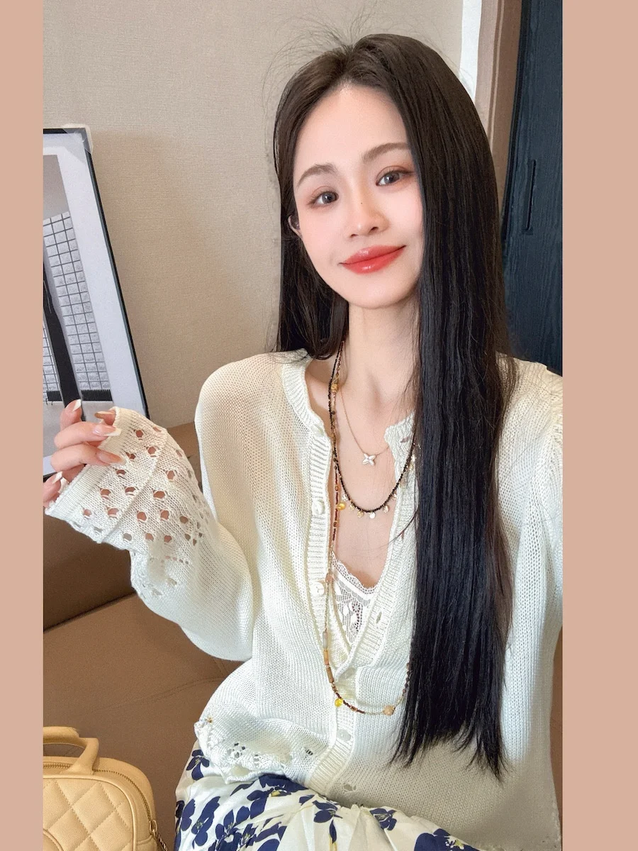 

Zheng ChunHua Women's Loose Knitted Wool Linen Open Cardigan Breathable Drapey Hollow out Design Spring Fashion Ladies' Sweater