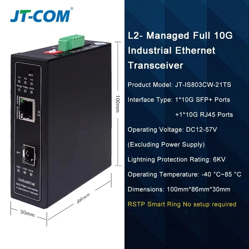 

JT-COM 10-гигабитный L2-управляемый промышленный трансивер с 1* SFP+ и медиаконвертером с портом Rj45 1*10 г. Поддерживает RSTP