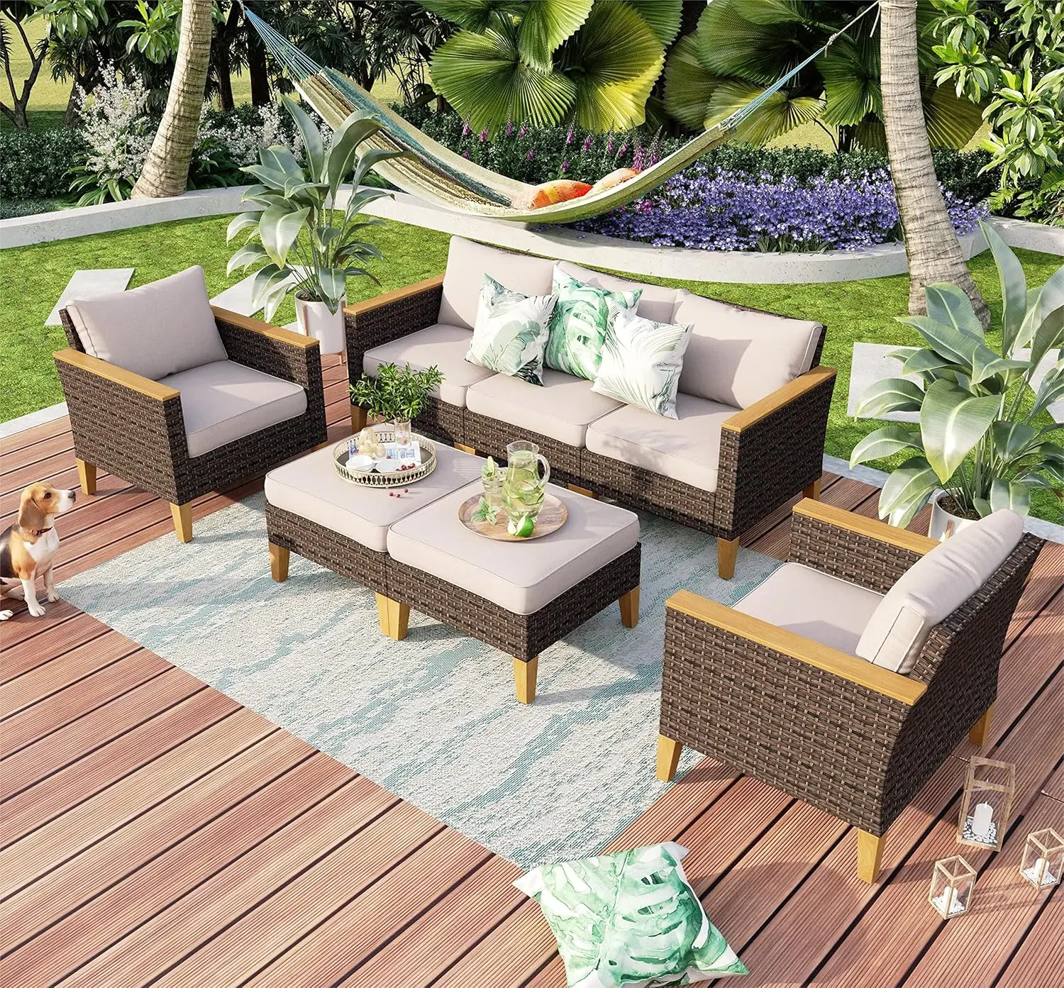 Mobília de vime ao ar livre do pátio, PE Rattan, pátio conversa conjunto para jardim e quintal, 7 PCs