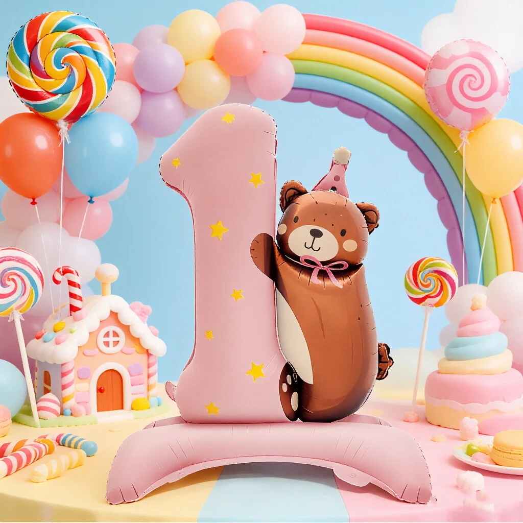 1. Geburtstag Bären-Ballon-Set Große Nummer 1 Bären-Folienballon mit Standfuß für Baby Mädchen Junge 1. Geburtstagsparty Dekoration – Detail 1