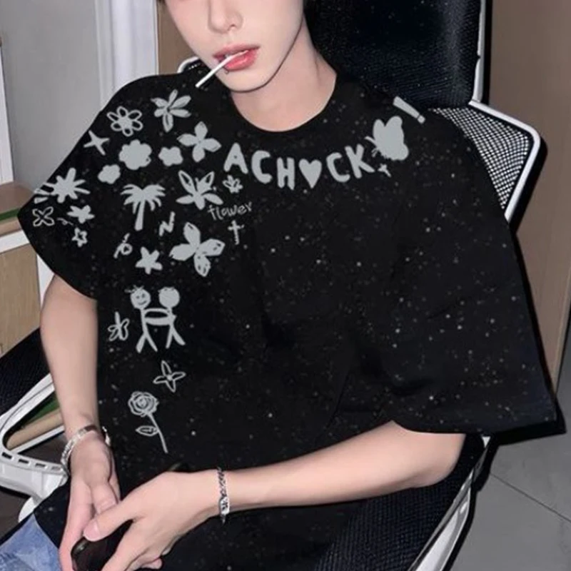 Men Black Floral Letter Print Short Sleeve T Shirt Glitter Texture Casual Loose Fit Top