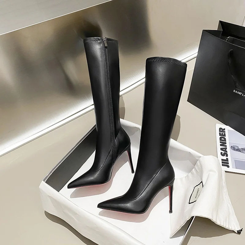 

Новые черные ботинки на высоком каблуке с заостренным носком, высокие сапоги выше колена, на молнии, из кожи, для женщин