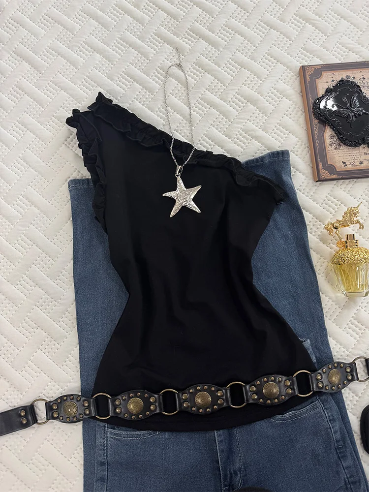 

Original Retro Y2K Bla T-irt Waist Cinching f oulder Top for Young Women Commute Sle Cotton Blend Summer New Arrivals