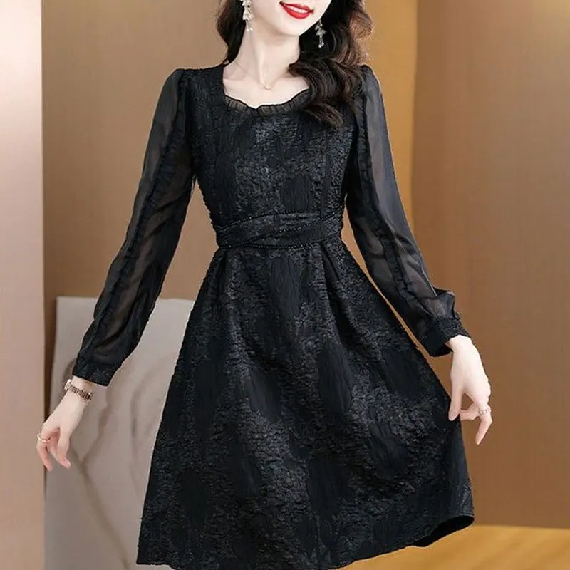 

Korean Elegant Square Collar Midi Dress Female Clothing Stylish Jacquard Weave Beading Spring Autumn Chic A-Line Waist Dresses