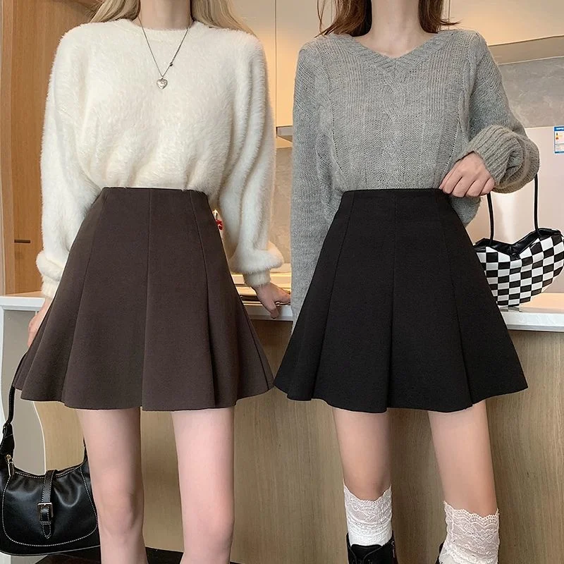 

Woolen A-line Skirt 2023 High Waist Loose Pleated Short Skirt Thin Skirt Women Ropa Mujer Mini Skirts Clothes for Women