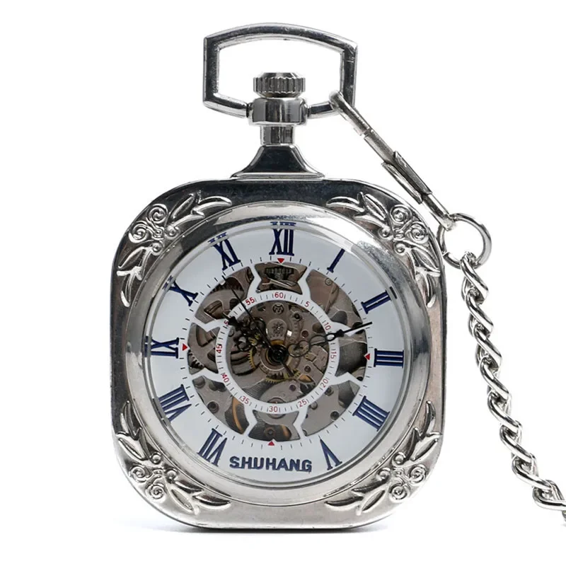 

Silver Square Shape Pocket Watch Unisex Handwinding Mechanical Watches Open Face Design Roman Number with Pendant Chain Clock