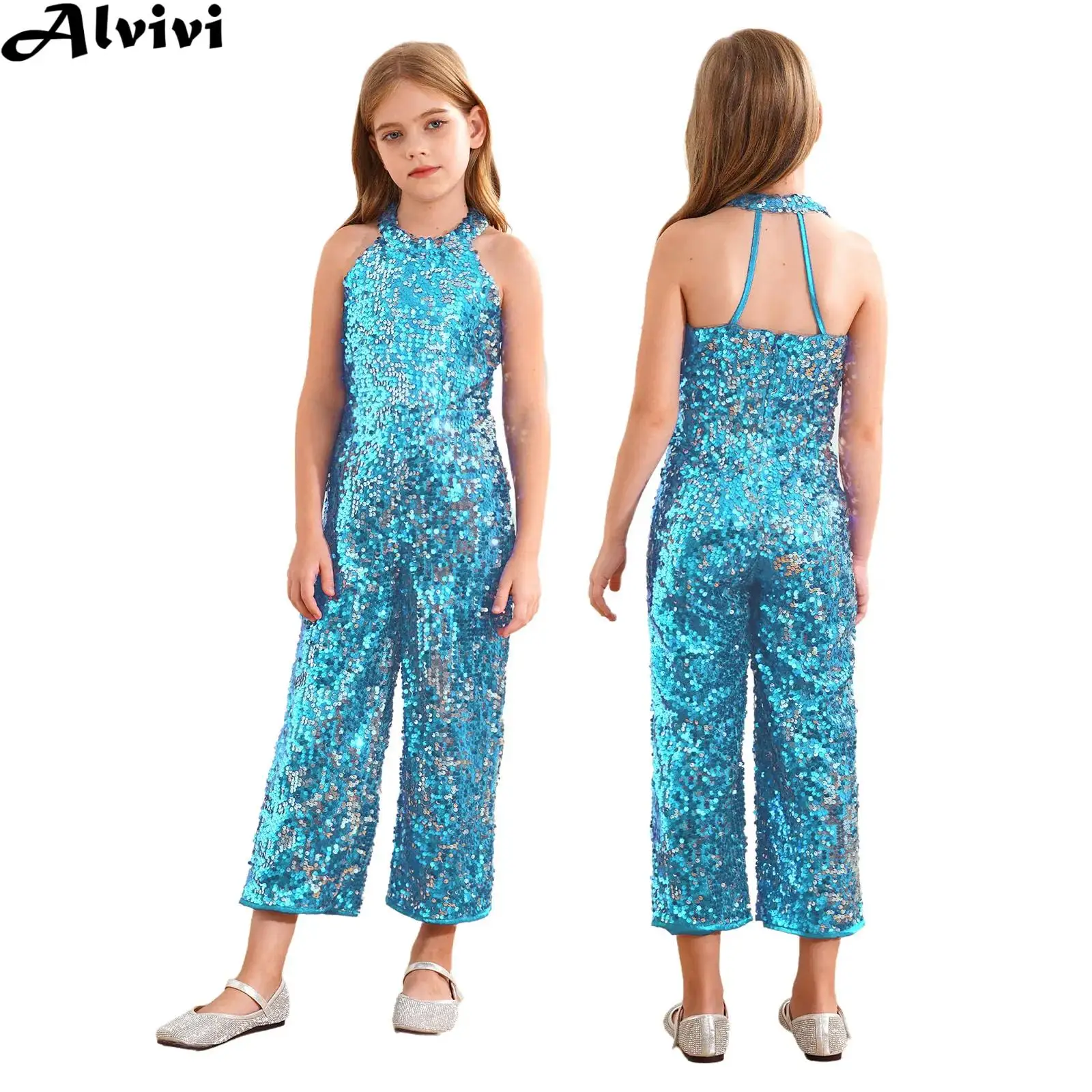 Children Girls Ballet Gymnastics Dance Leotard Sleeveless Shiny Sequin Party Jumpsuit Birthday Wedding Proms Evening Costume