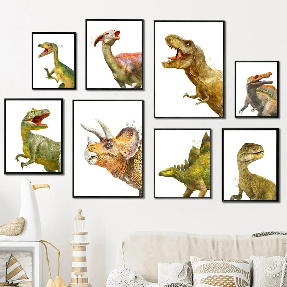 Watercolor Dinosaur Posters Nursery Boy's Room Decor Wall Art Canvas Painting Cartoon Animal Picture Kids Baby Room Decoration