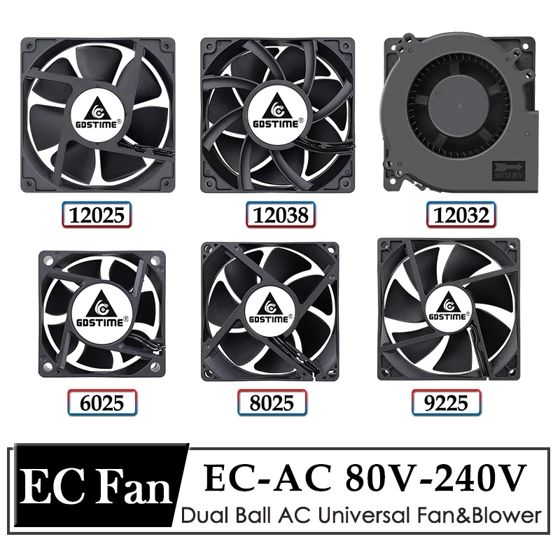 

Gdstime Brushless EC Axial Fan 60mm 80mm 90mm 120mm Dual Ball Cooler AC 110V 120V 220V 240V PC Computer Case Fan Server Cooling