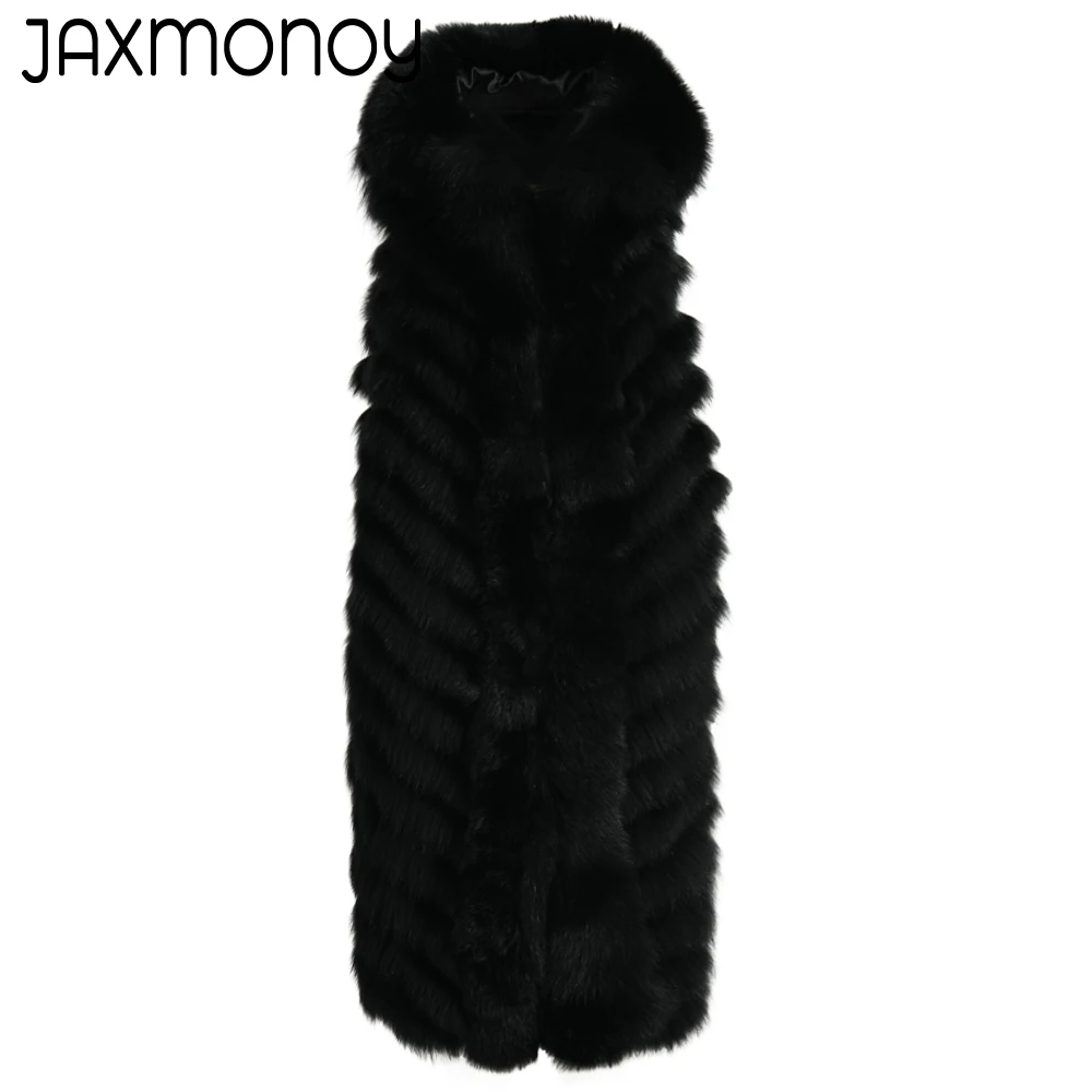 

Jaxmonoy Real Fox Fur Vest For Winter Women Solid Long Natural Fur Sleeveless Reversible Jacket With 100% Silk Lining 2022 New