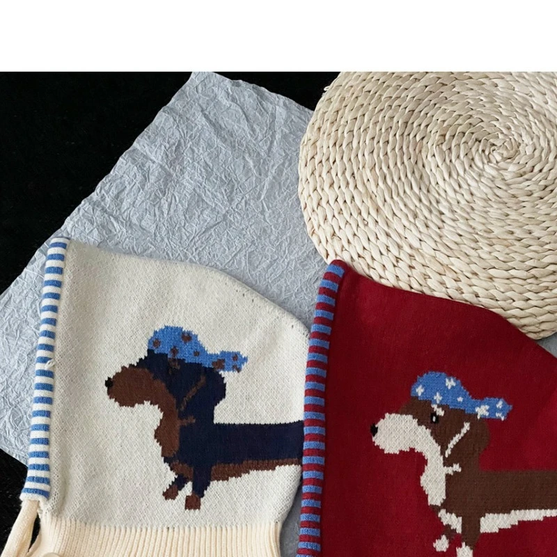 Winterliche, niedliche Cartoon-Welpen-Jacquard-Strickmütze für Damen, warme Outdoor-Fahrradmütze mit Ohrenschutz und Riemen, Bomber-Mütze – Detail 6