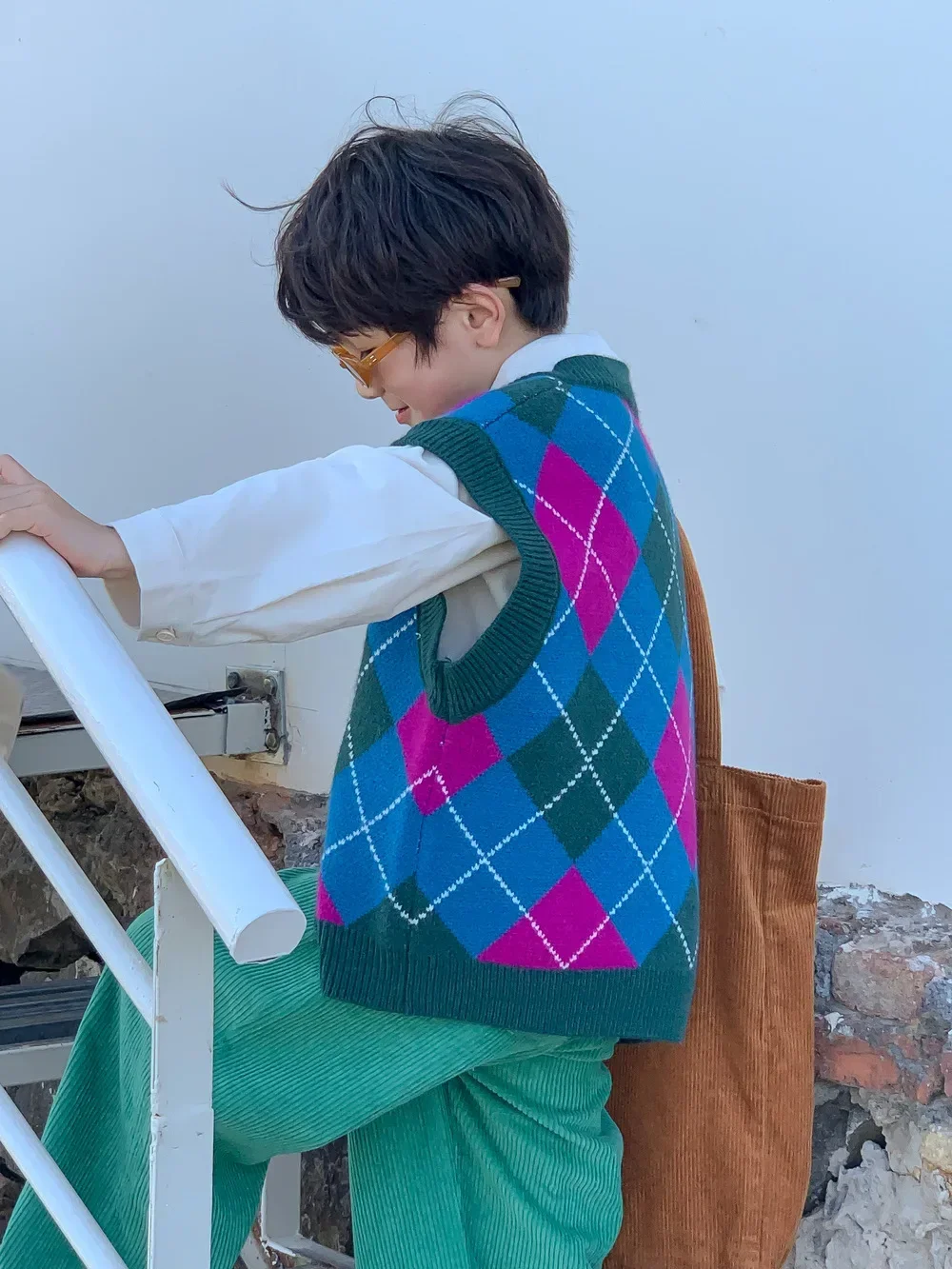 

7084 Children's Sweater Or Vest Autumn New Korean Rhombic Knitted Boy's Sweater Cardigan Casual Loose Wool Vest