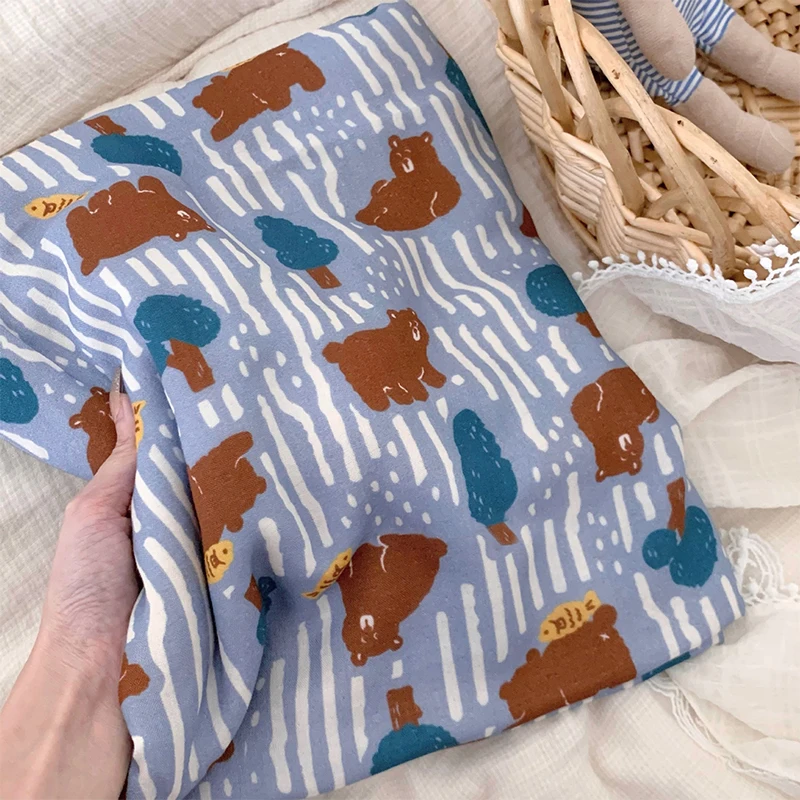 

0.5/1/2 Yard Double Layer Gauze Cartoon Bear Printed Fabric Bamboo Fiber Cotton for DIY Pajamas,Clothing,Dresses,Tablecloths