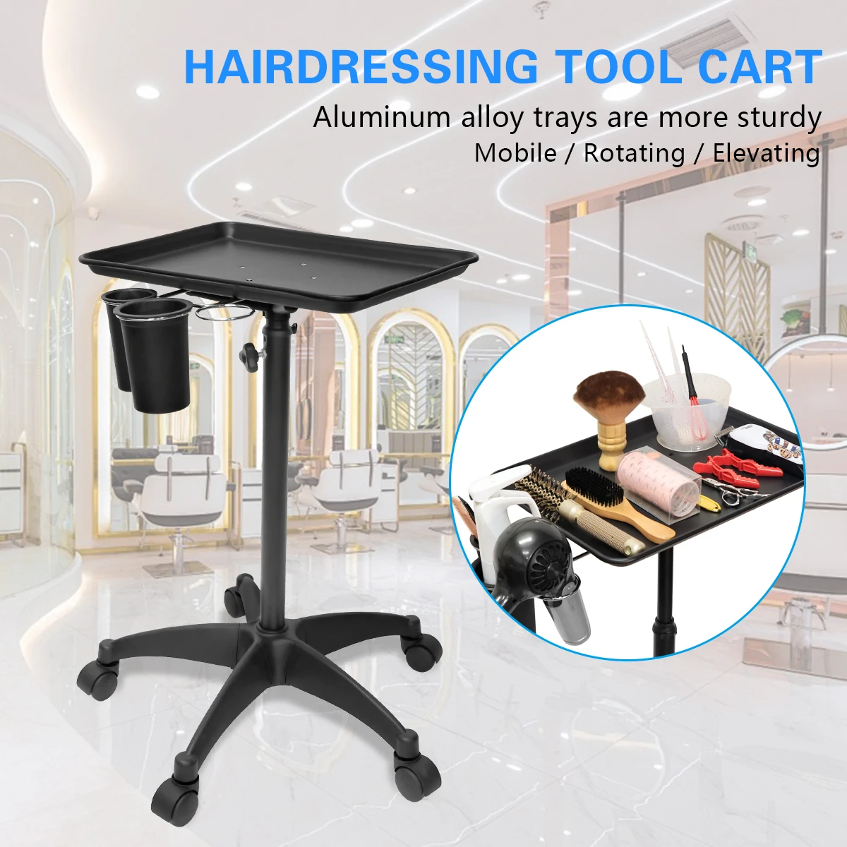 Barber Tray Adjustable Height Stainless Steel Trolley Rolling Cart Stand Salon Medical SPA Clinic Service Cart Storage Tools