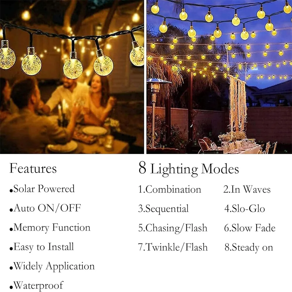 Outdoor Solar Light String LED Solar Light String Waterproof Rechargeable Crystal Ball Solar Light Fairy Courtyard Holiday Light