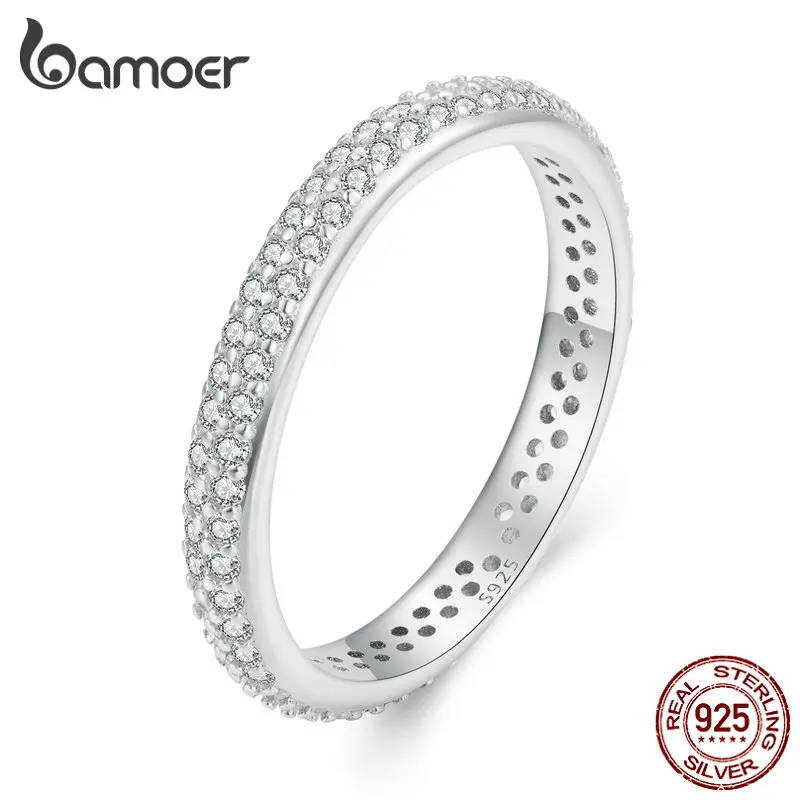 Bamoer 925 Sterling Silver Shiny Zircon Finger Ring Simple Eternity Band For Women Valentine's Day Gift Fine Jewelry BSR365