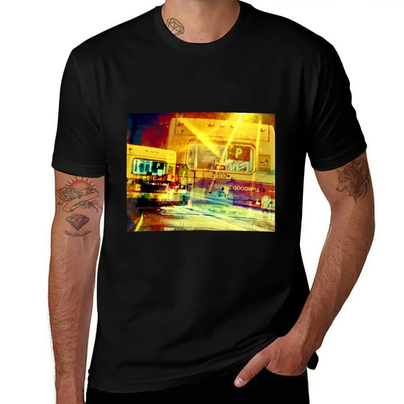 Night Bus in Oakland T-Shirt Outdoor Work Short Sleeve Top T-Shirt