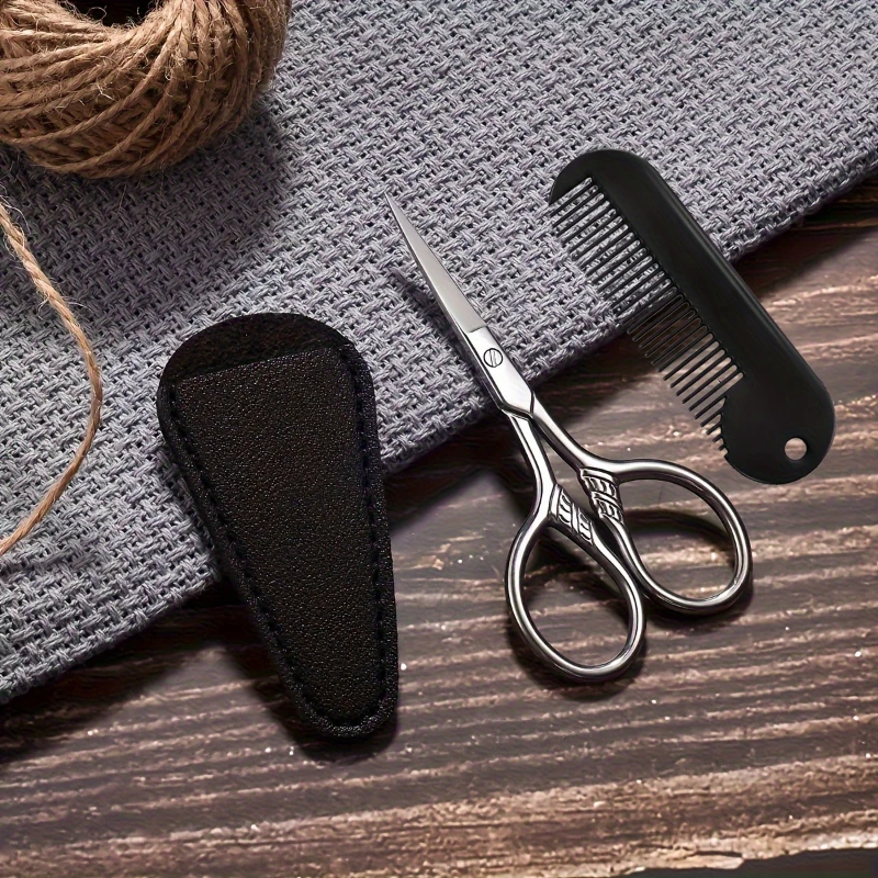 3Pcs Stainless Steel Makeup Grooming Scissors Mini Beard Comb With PU Leather Case For Manicure Nail Cuticle Beard Nose Trimmer