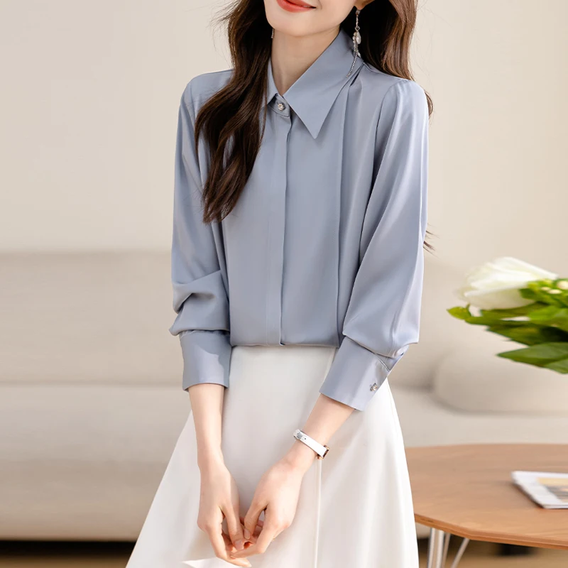 بلوزة بيضاء أنيقة بأكمام طويلة قابلة للطي للنساء ملابس عمل مكتبية قمصان شيفون قطع علوية أساسية بلوزة نسائية عصرية 2025 Blusas Mujer #4