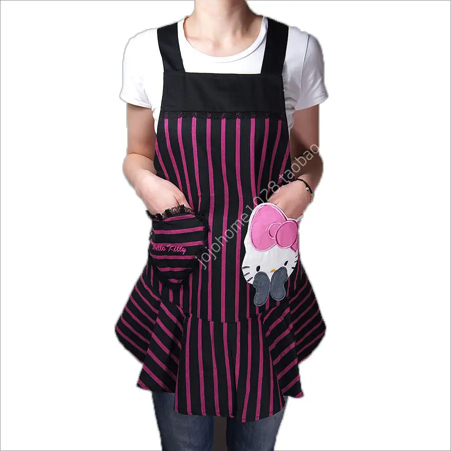 Japanese Hello Kitty Good Kitchen Apron Woman Thick Cotton Cooking Avental de Cozinha Divertido Pinafore Apron Dress Vintage