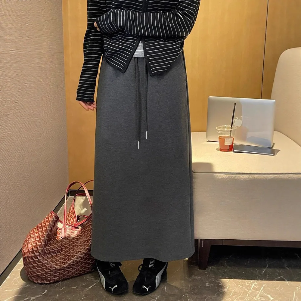 

Эластичная серая юбка с высокой талией и разрезом на бедрах, зимняя юбка Jupe Femme Y2K трапециевидной формы Faldas, уличная одежда Maxi Saias, плиссированная женская одежда