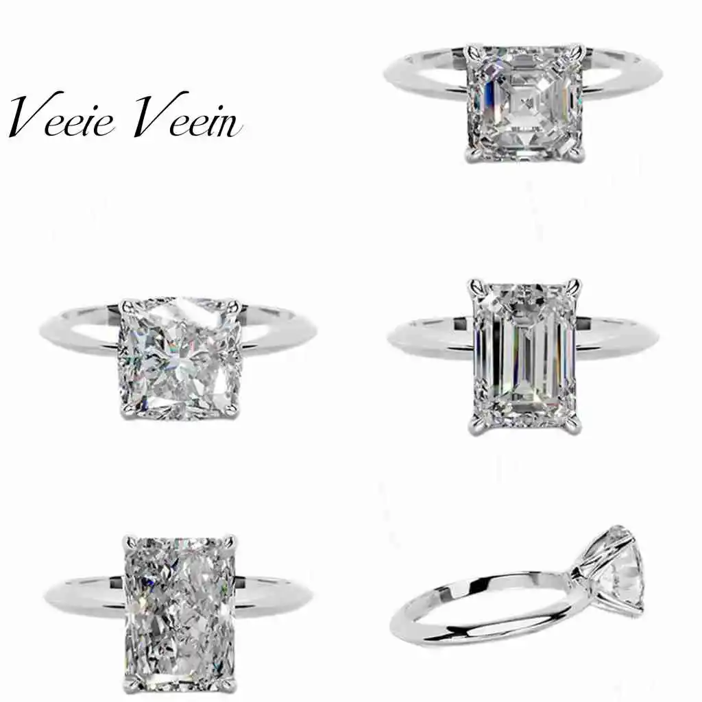 Veeie Veein Jewelry Classic Fashion Four Claw Diamond Ring S925 Sterling Silver 2 Carat Wedding Ring Artificial Diamond Cultured