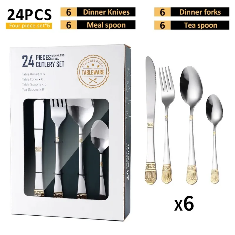 

Stainless steel tableware set 24-piece crown head gold handle household knife, fork and spoon