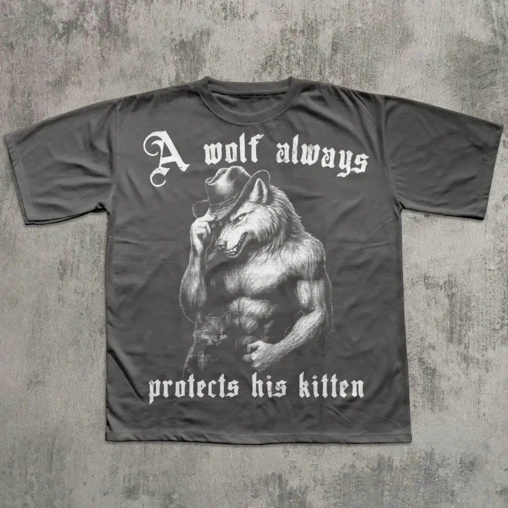Y2K Funny TOPS A Wolf Always Protects His Kitten T-shirt Alpha Werewolf Shirt Unwearable Shirts Cringe T Shirt Weird Tee Clothes
