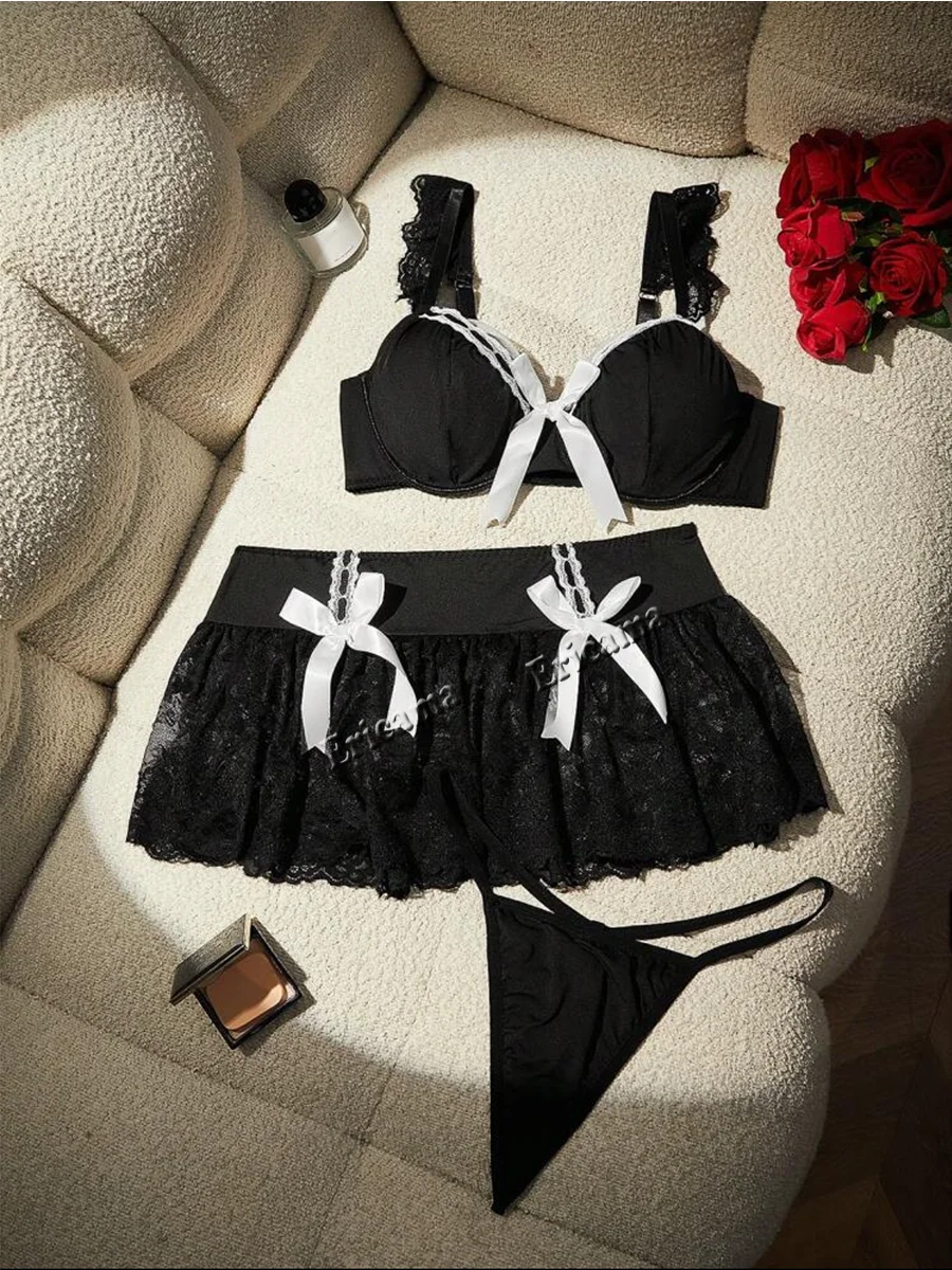Women'S Solid Underwear French Apron Maid Dress Bow Thigh Ring Maid Lace Patchwork Lingerie Set Cosp
