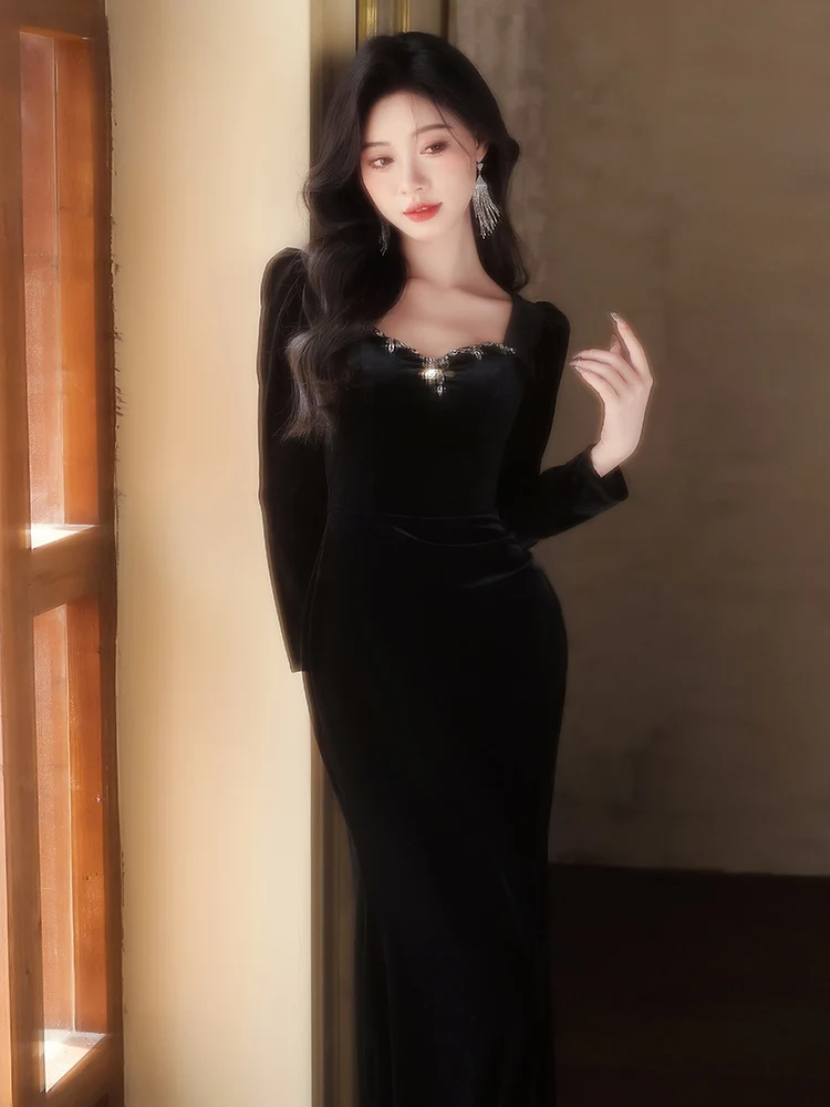 

Вечернее бархатное платье Hebe Sle: Элитное, роскошное, для зимних мероприятий, ежегодных конференций, художественных экзаменов, с индивидуальным пошивом, фасон «рыбий хвост», длинное