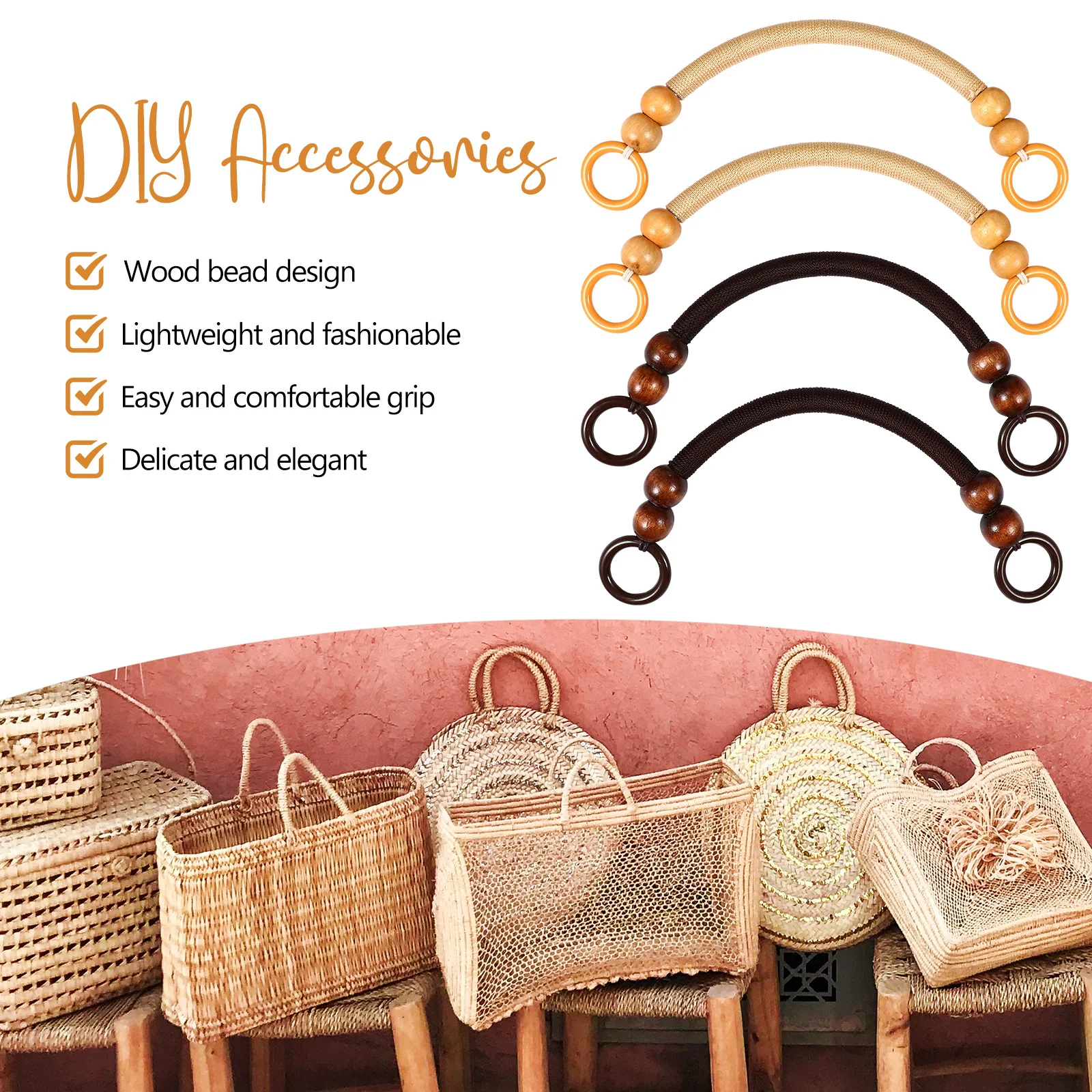 

4Pcs Wooden Bead Rope Bag Handles Fashionable Replacement Purse Handles Durable Nylon Straps for Handbags Clutches and DIY Bag