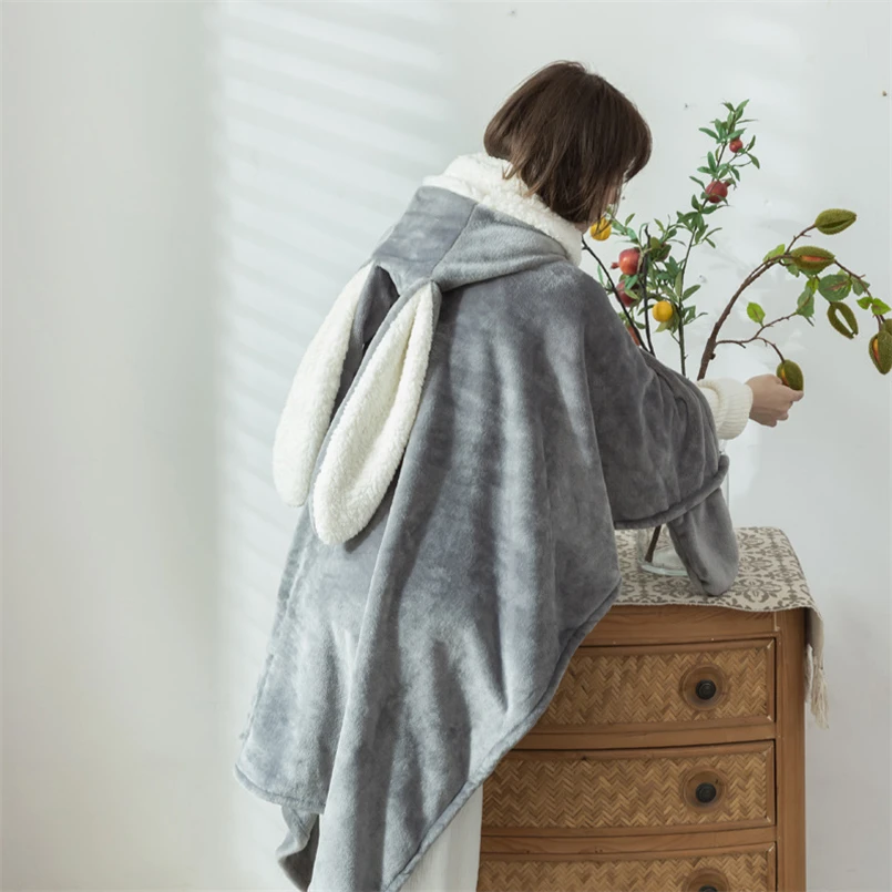 

Light Oxygen Velvet Cloak Hooded Poncho with Ears Cute Cartoon Lamb Velvet Shawl Blanket Thickened Warm Office Nap Blanket